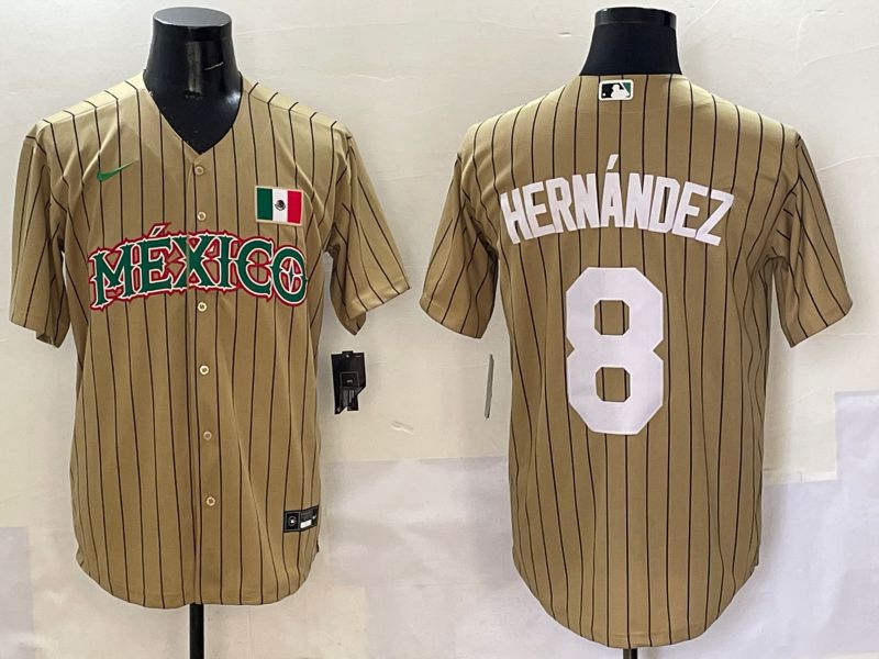 Men Los Angeles Dodgers #8 Hernandez Brown Stripe Mexico Joint Name 2025 Nike MLB Jersey style 1